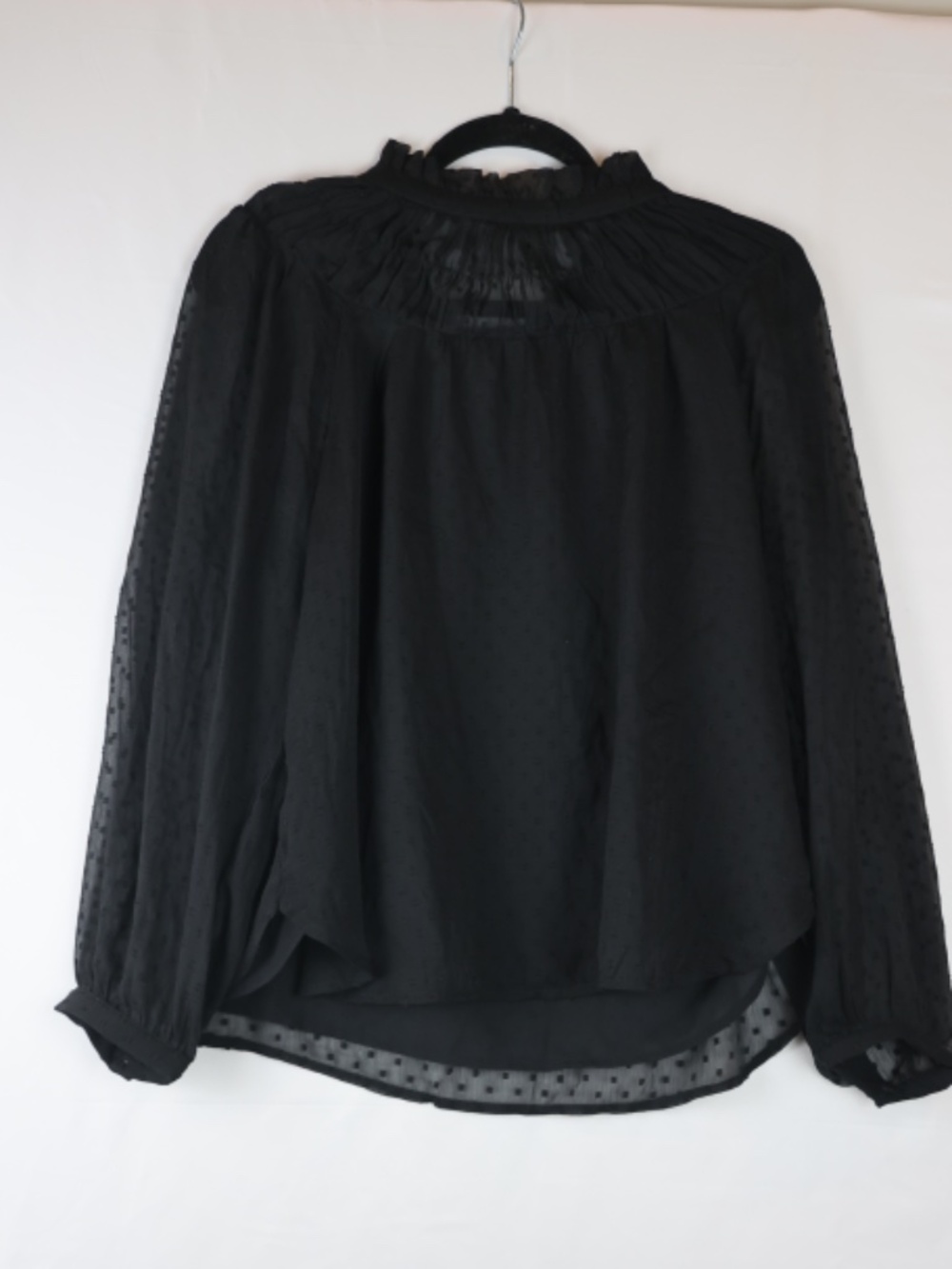 LOFT Black Sheer Dot Blouse with Ruffled Yoke